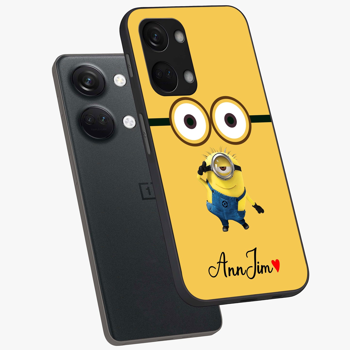 Minion Custom Name Glass Case for 1+Nord 3 angled mockup showcasing glossy finish and vibrant character detailing