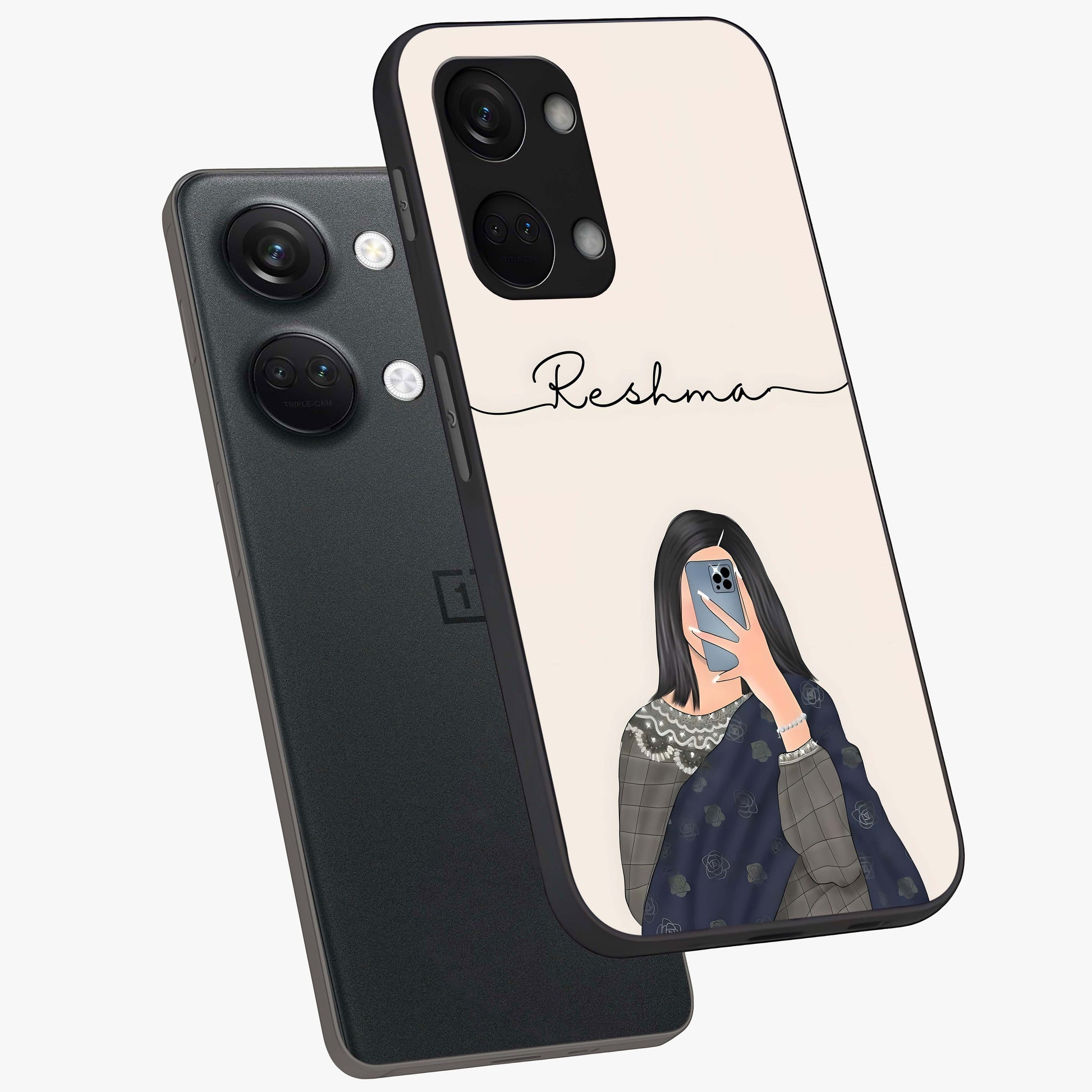 Mirror Mood Muse With Custom Name Glass Case for 1+Nord 3 angled mockup showcasing glossy finish and modern design tones