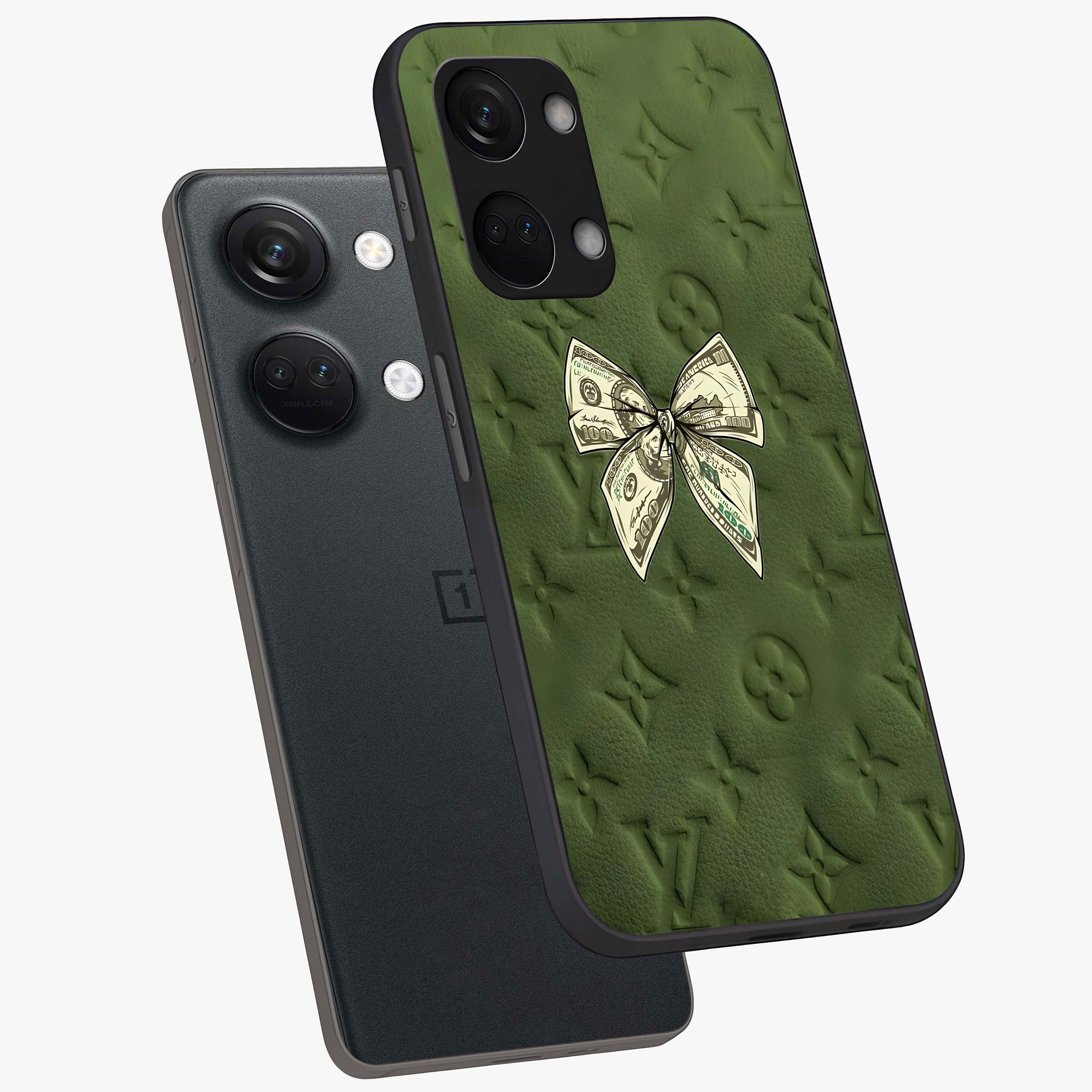 Money Bow Lv Glass Case for 1+Nord 3 angled mockup showcasing glossy finish and premium aesthetic detailing