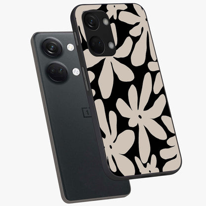 Monochrome Petal Dance Glass Case for 1+Nord 3 angled mockup showcasing glossy finish and elegant contrast detailing