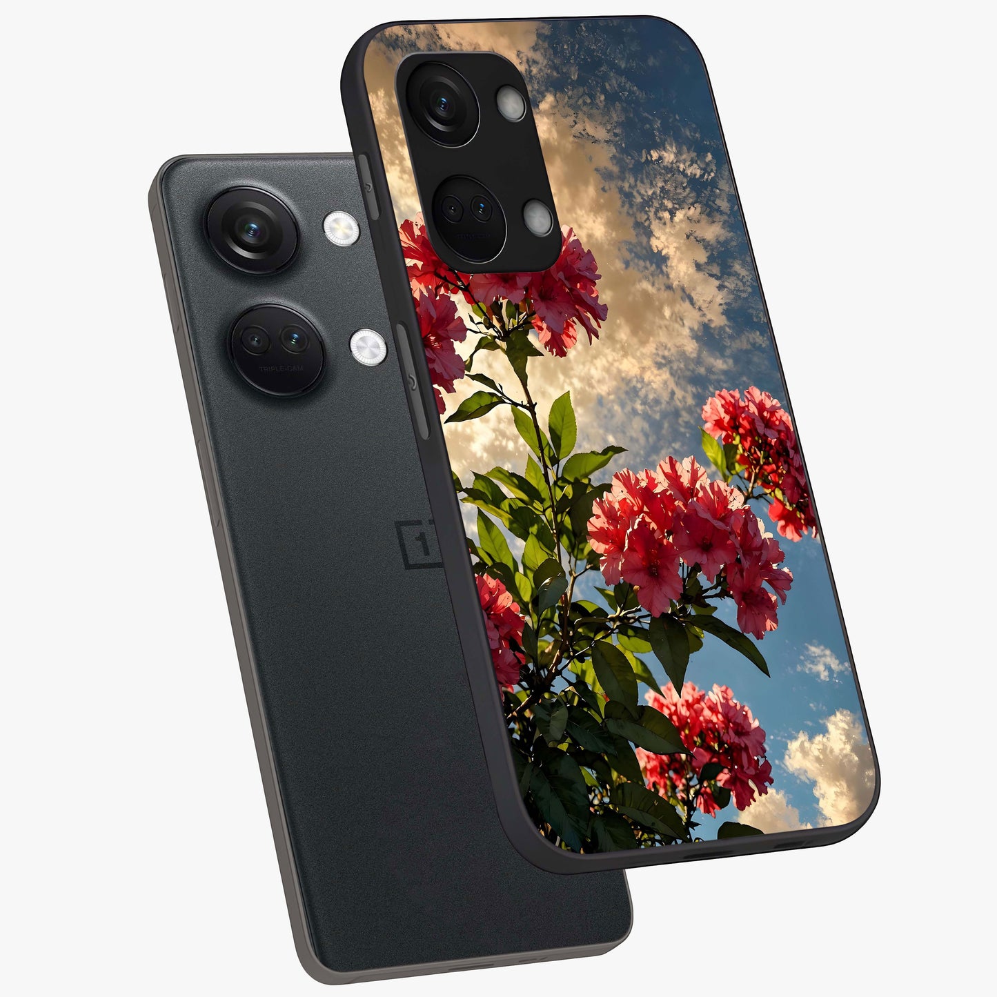 Moonlit Blossom Charm Glass Case for 1+Nord 3 angled mockup showcasing glossy glass finish and delicate bloom detailing