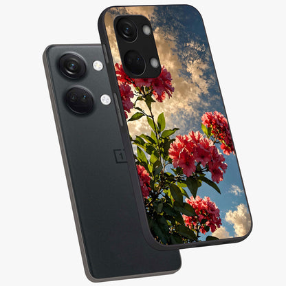 Moonlit Blossom Charm Glass Case for 1+Nord 3 angled mockup showcasing glossy glass finish and delicate bloom detailing