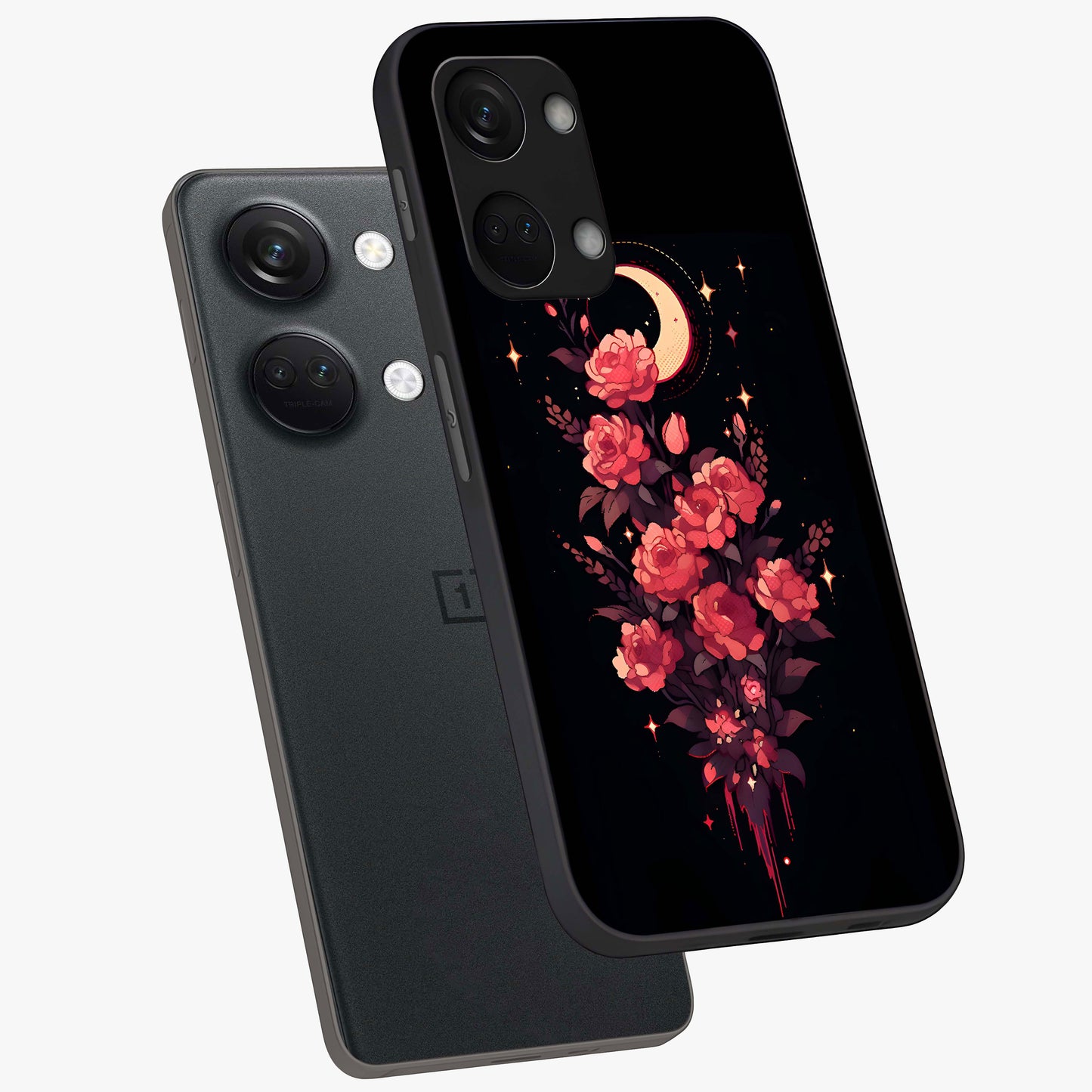 Moonlit Floral Elegance Glass Case for 1+Nord 3 angled mockup showcasing glossy finish and rich night tones