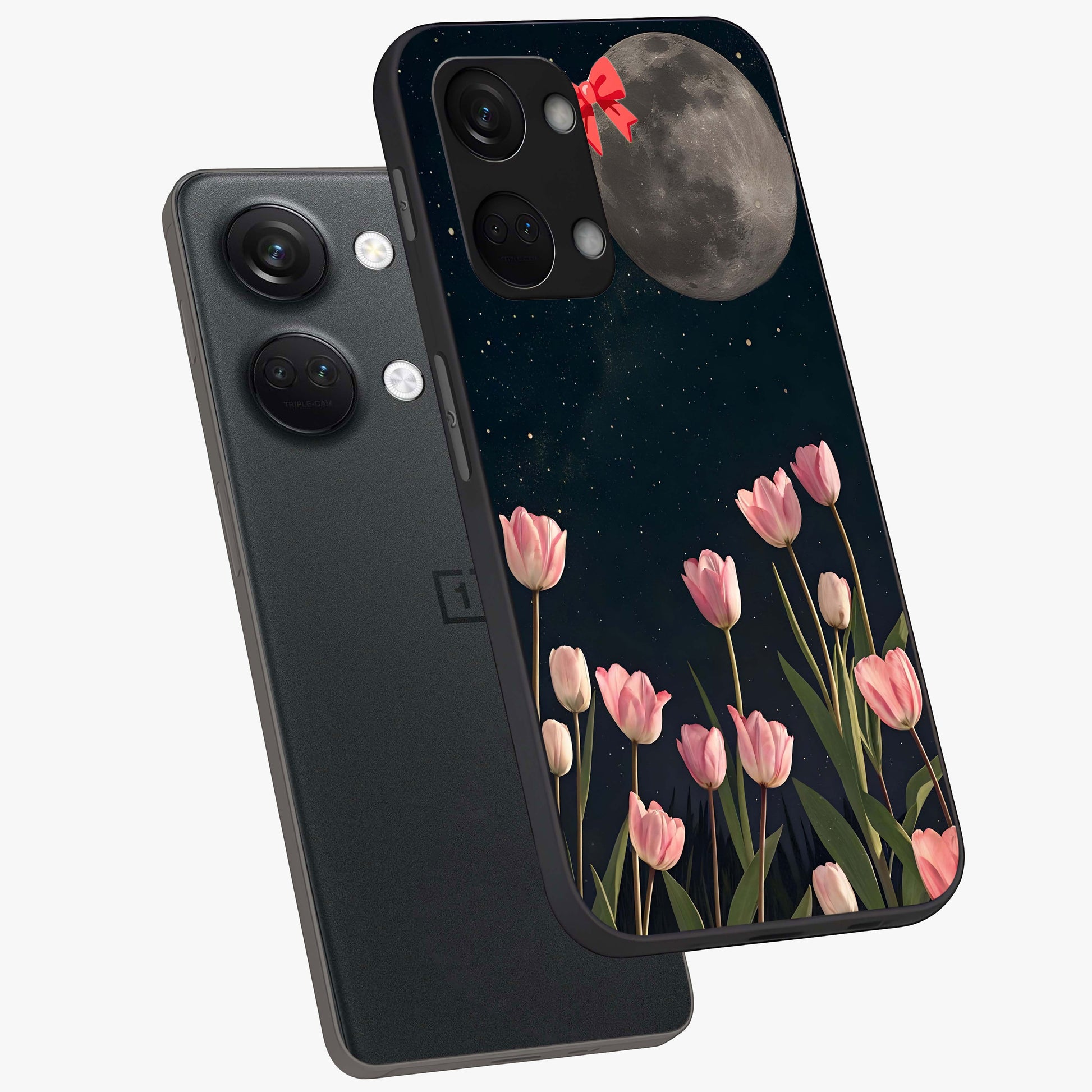 Moonlit Night Tulip Glass Case for 1+Nord 3 angled mockup showcasing glossy finish and soft luminous accents