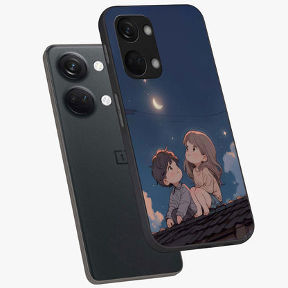 Moonlit Promise Together Glass Case for 1+Nord 3 angled mockup showcasing glossy finish and soft emotional detailing