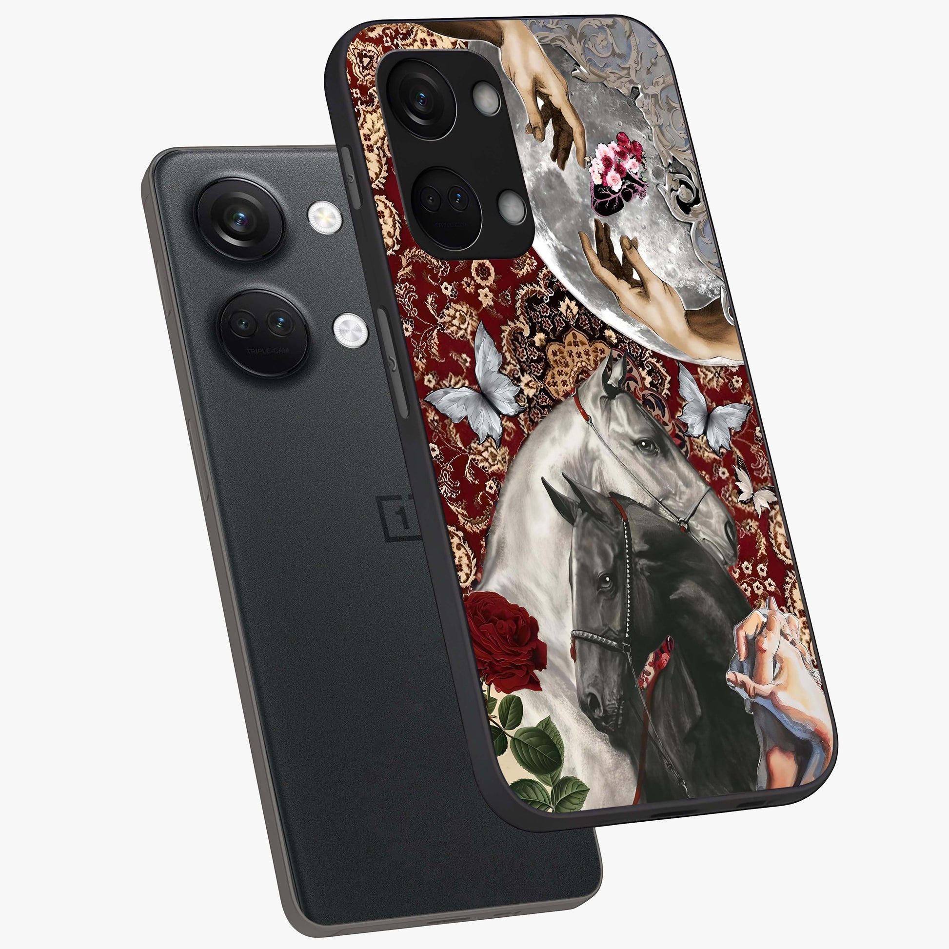 Moonlit Royal Stallion Glass Case for 1+Nord 3 angled mockup showcasing glossy finish and deep midnight tones