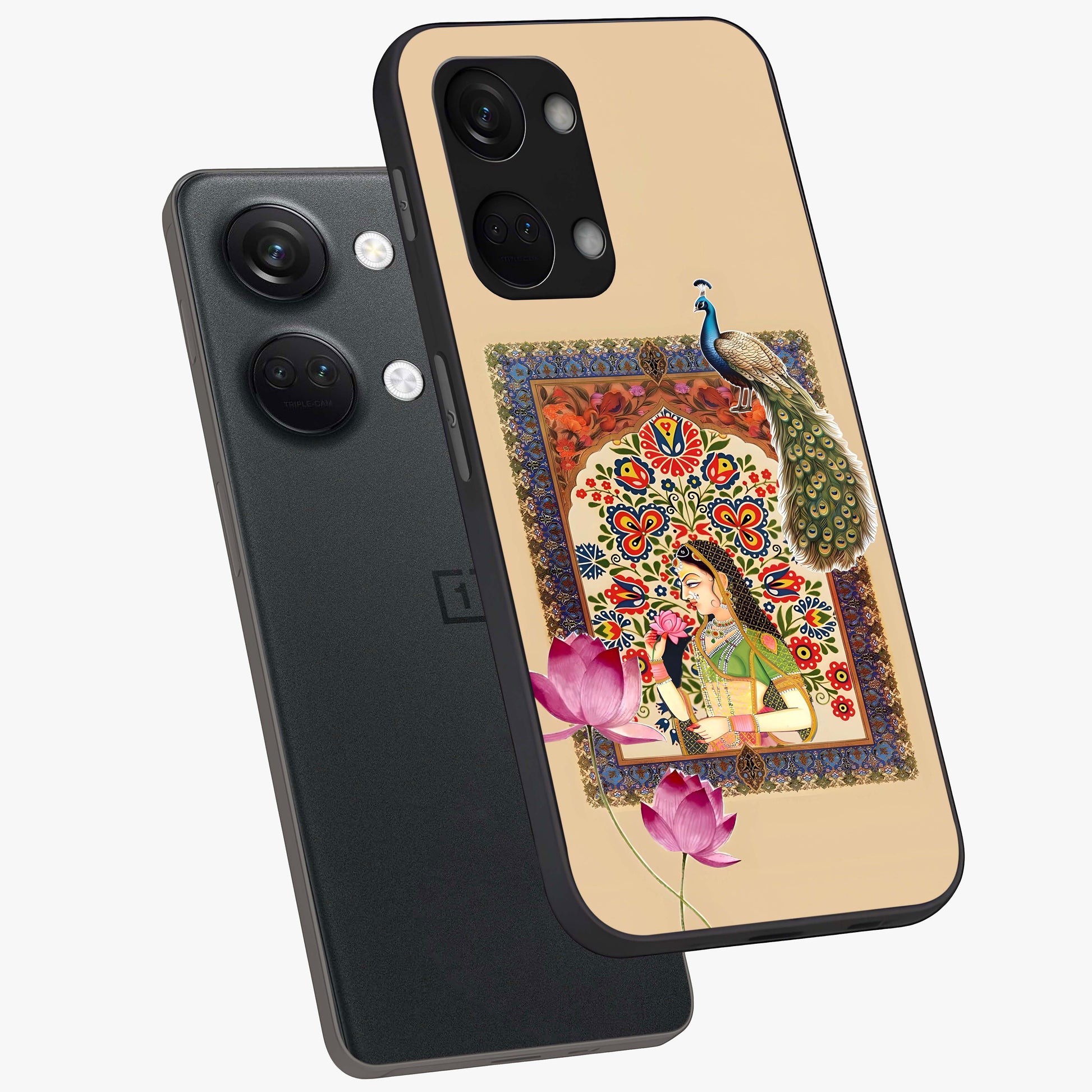 Mughal Princess and Peacock Glass Case for 1+Nord 3 angled mockup showcasing glossy finish and rich heritage tones