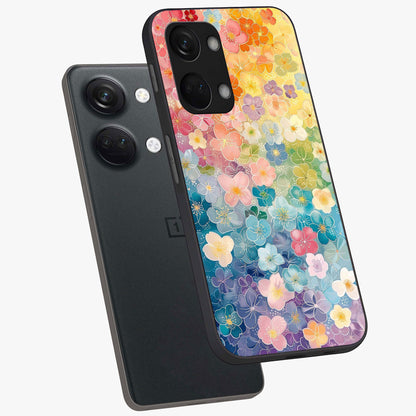 Multiple Background With Flower Glass Case for 1+Nord 3 angled mockup showcasing glossy glass finish and colorful detailing