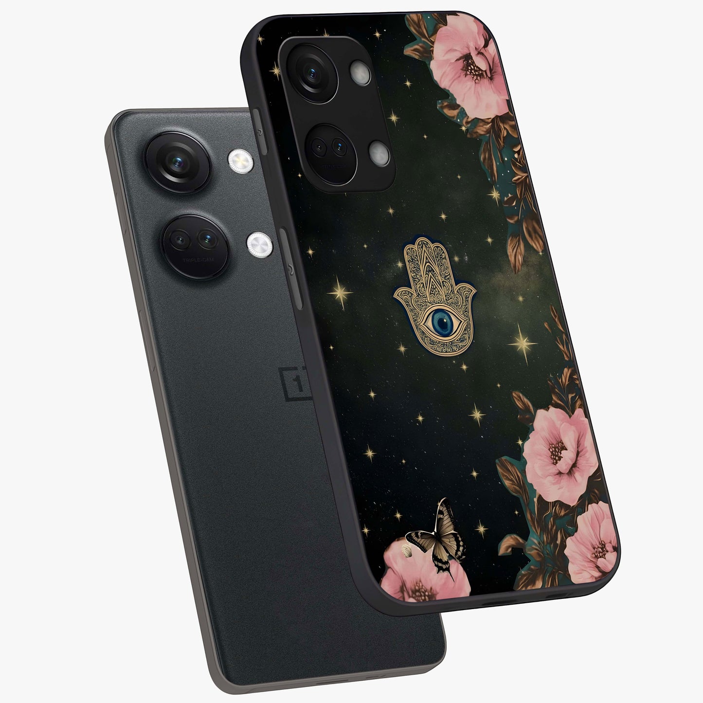 Mystic Bloom Protection Glass Case for 1+Nord 3 angled mockup showcasing glossy finish and vibrant spiritual tones