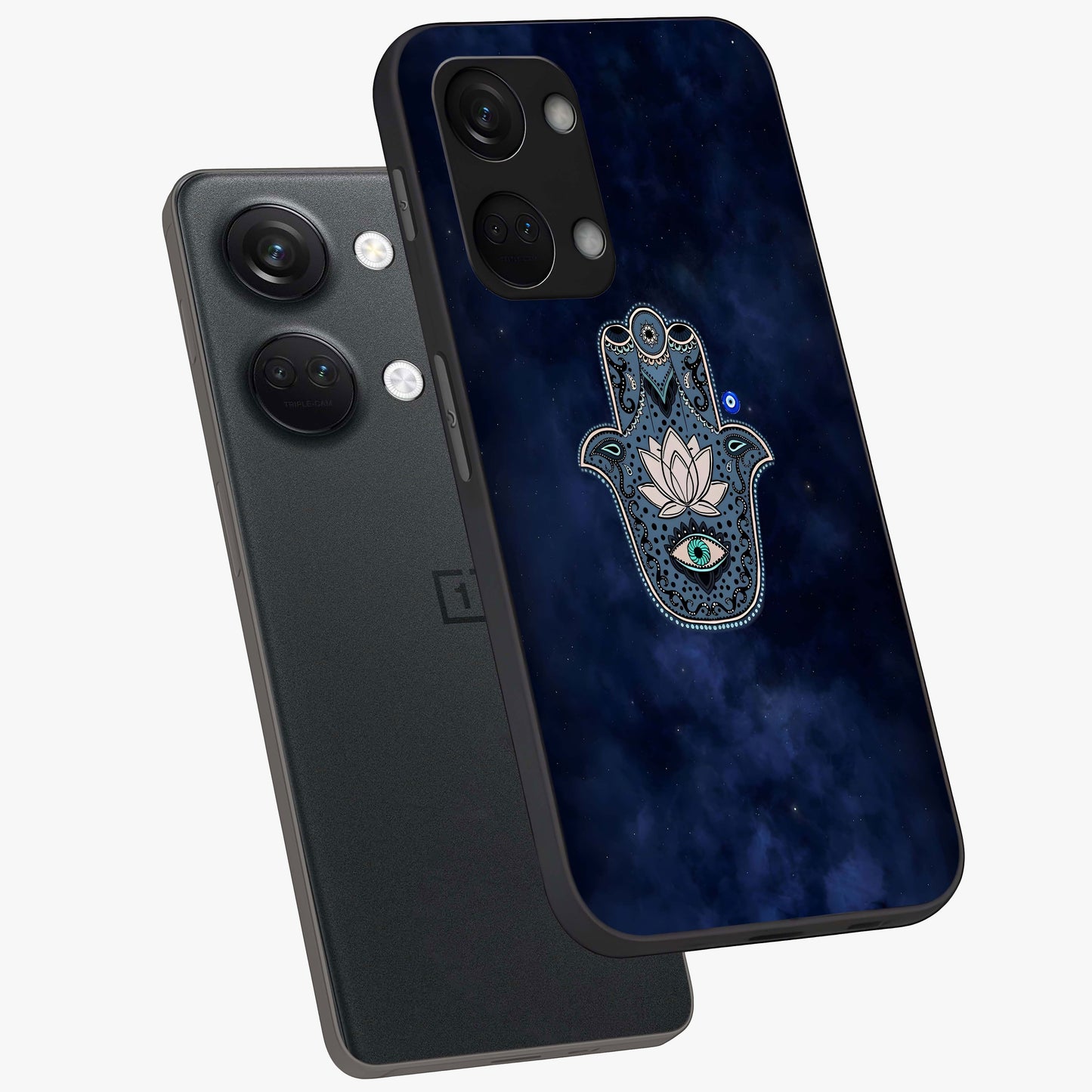 Mystic Calm Shield Glass Case for 1+Nord 3 angled mockup showcasing glossy finish and subtle mystical detailing