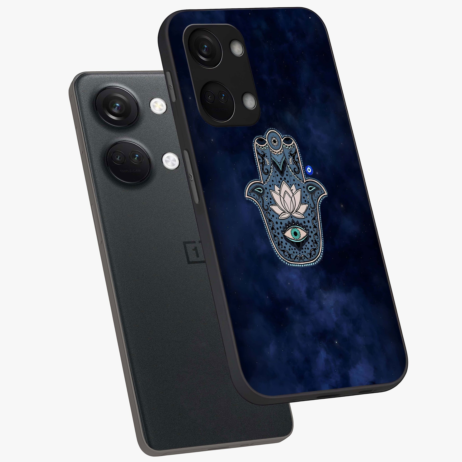 Mystic Calm Shield Glass Case for 1+Nord 3 angled mockup showcasing glossy finish and subtle mystical detailing