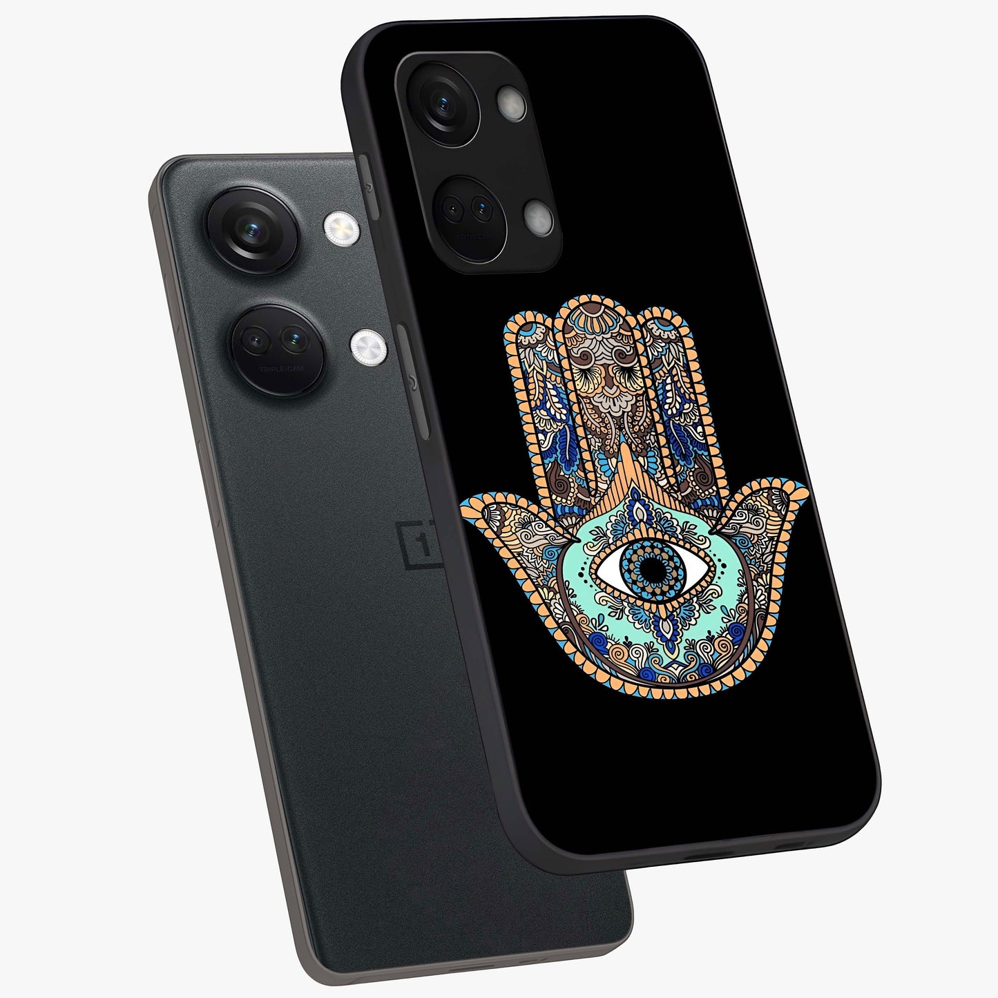 Mystic Hamsa Eye Glass Case for 1+Nord 3 angled mockup showcasing glossy finish and protective design elements