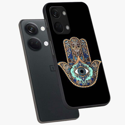 Mystic Hamsa Eye Glass Case for 1+Nord 3 angled mockup showcasing glossy finish and protective design elements