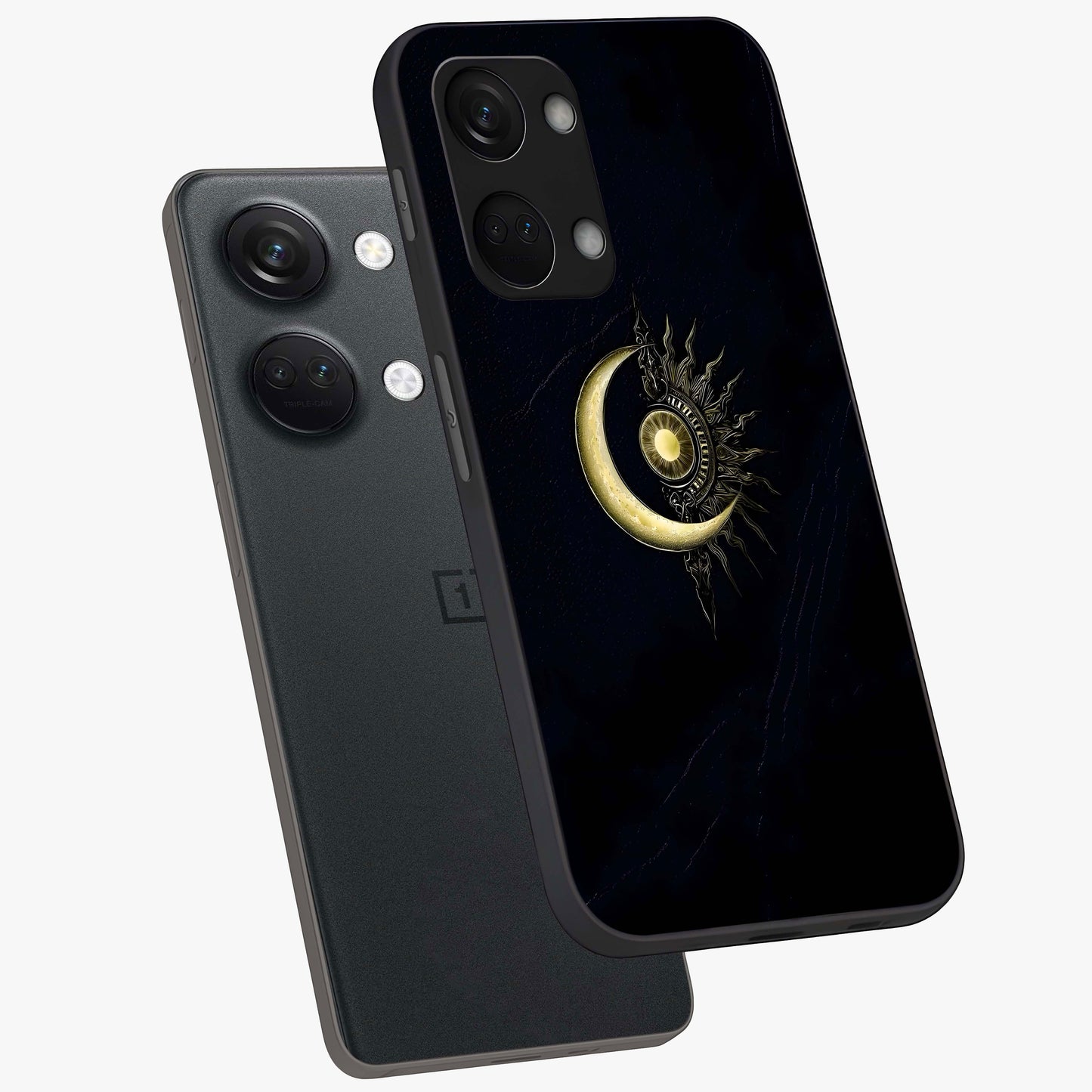 Mystic Lunar Flame Glass Case for 1+Nord 3 angled mockup showcasing glossy finish and glowing night tones