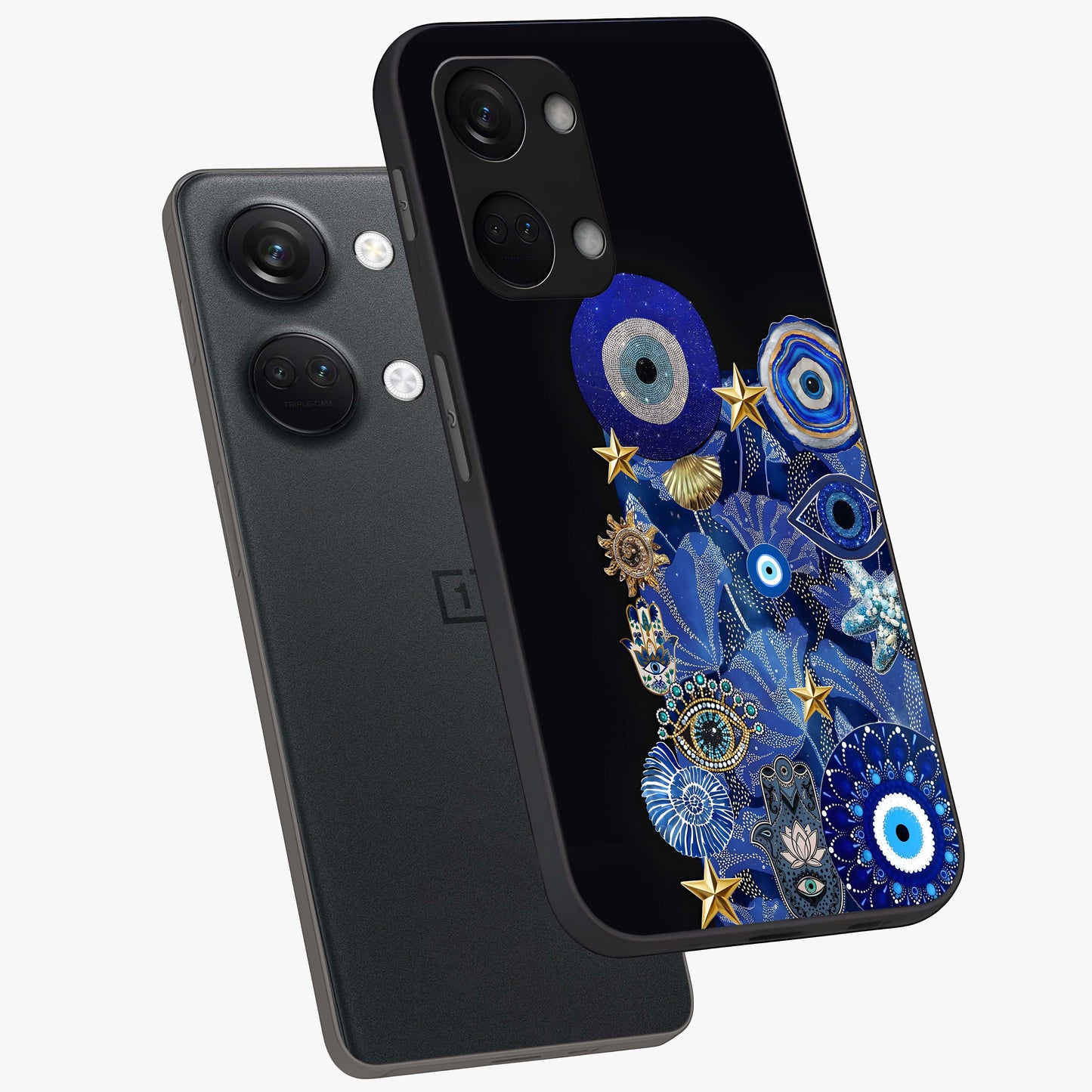 Mystic Ocean Eye Glass Case for 1+Nord 3 angled mockup showcasing glossy finish and fluid wave detailing