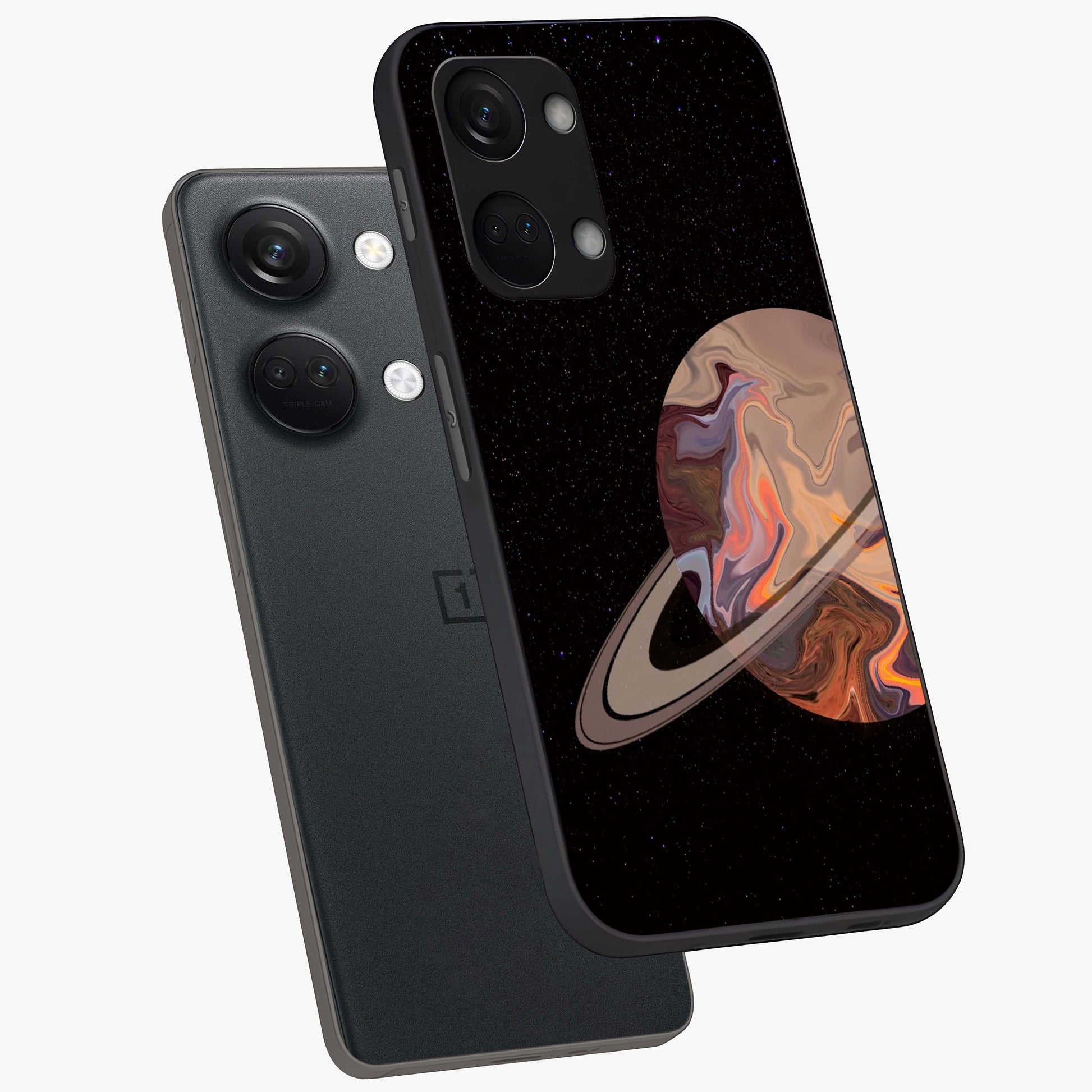 Mystic Saturn Aesthetic Glass Case for 1+Nord 3 angled mockup showcasing glossy finish and deep space gradients