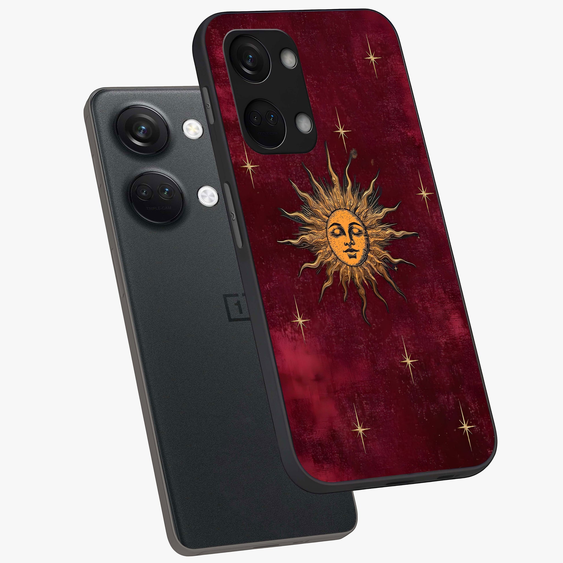 Mystic Solar Glow Glass Case for 1+Nord 3 angled mockup showcasing glossy glass finish and warm golden tones
