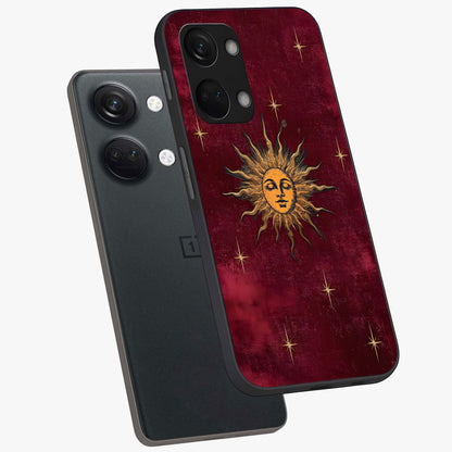Mystic Solar Glow Glass Case for 1+Nord 3 angled mockup showcasing glossy glass finish and warm golden tones