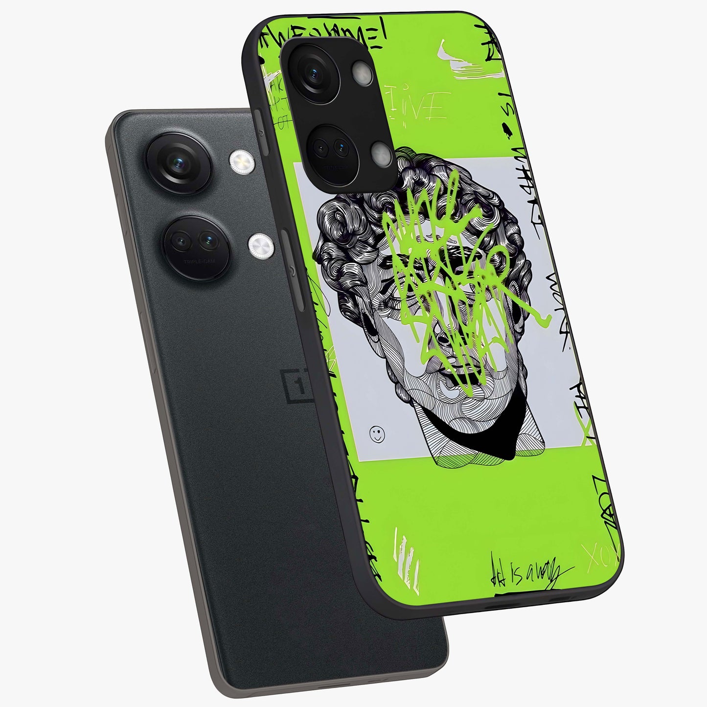 Neo Graffiti Rebellion Glass Case for 1+Nord 3 angled mockup showcasing glossy finish and urban neon detailing