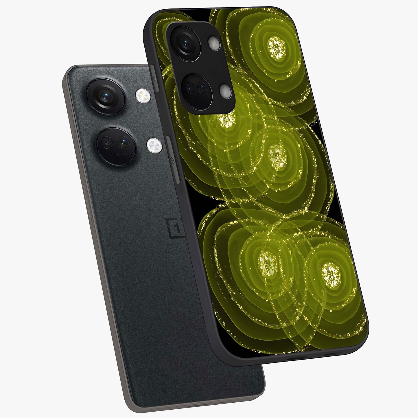 Neon Orbit Bloom Marble Glass Case for 1+Nord 3 angled mockup showcasing glossy finish and vibrant bloom detailing