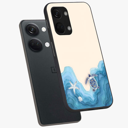 Ocean Drift Turtle Glass Case for 1+Nord 3 angled mockup showcasing glossy glass finish and fluid wave detailing