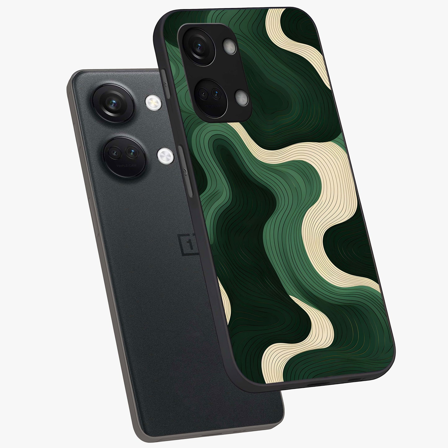 Organic Swirl Design Glass Case for 1+Nord 3 angled mockup showcasing glossy finish and smooth gradient tones