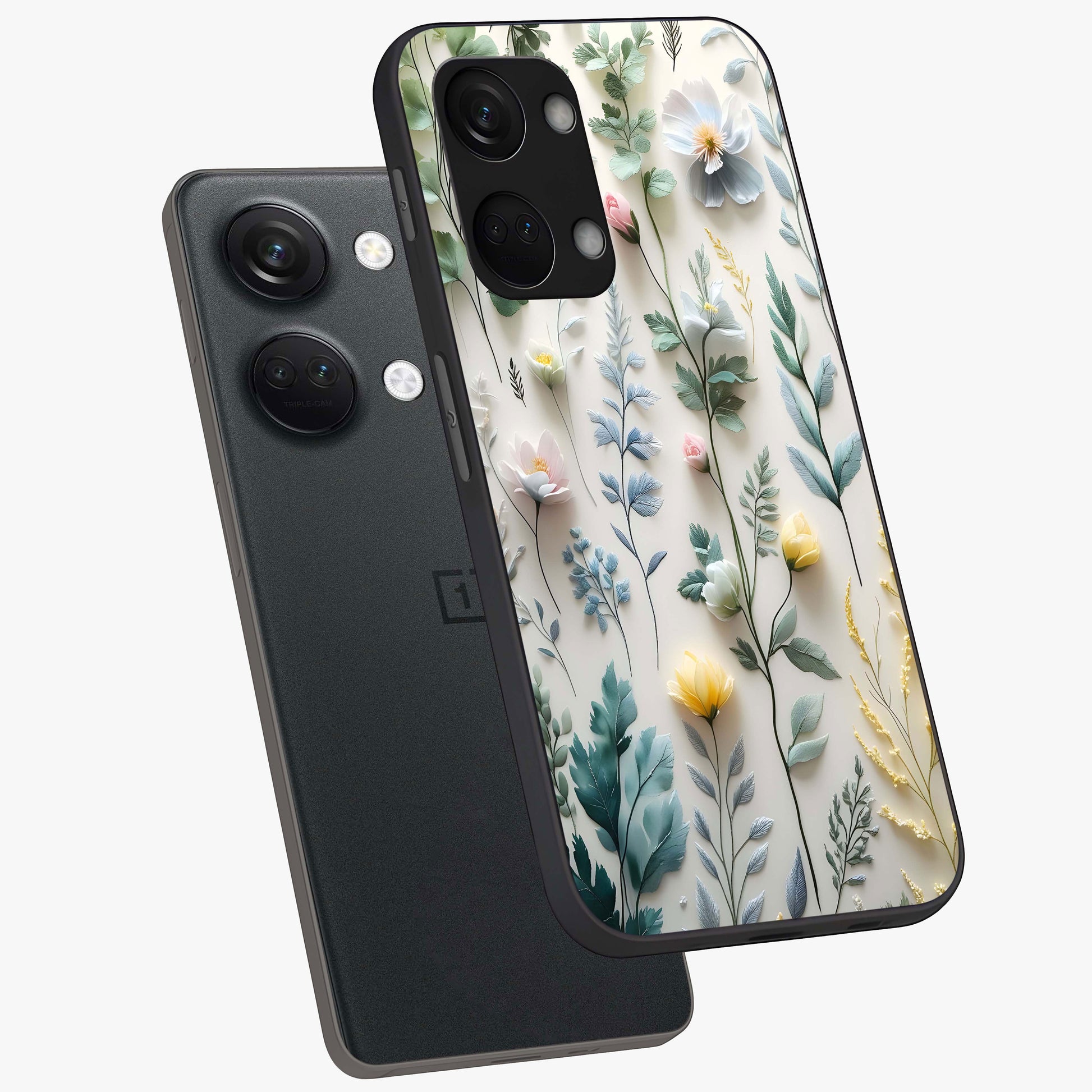 Pastel Garden Whispers Glass Case for 1+Nord 3 angled mockup showcasing glossy finish and gentle bloom tones