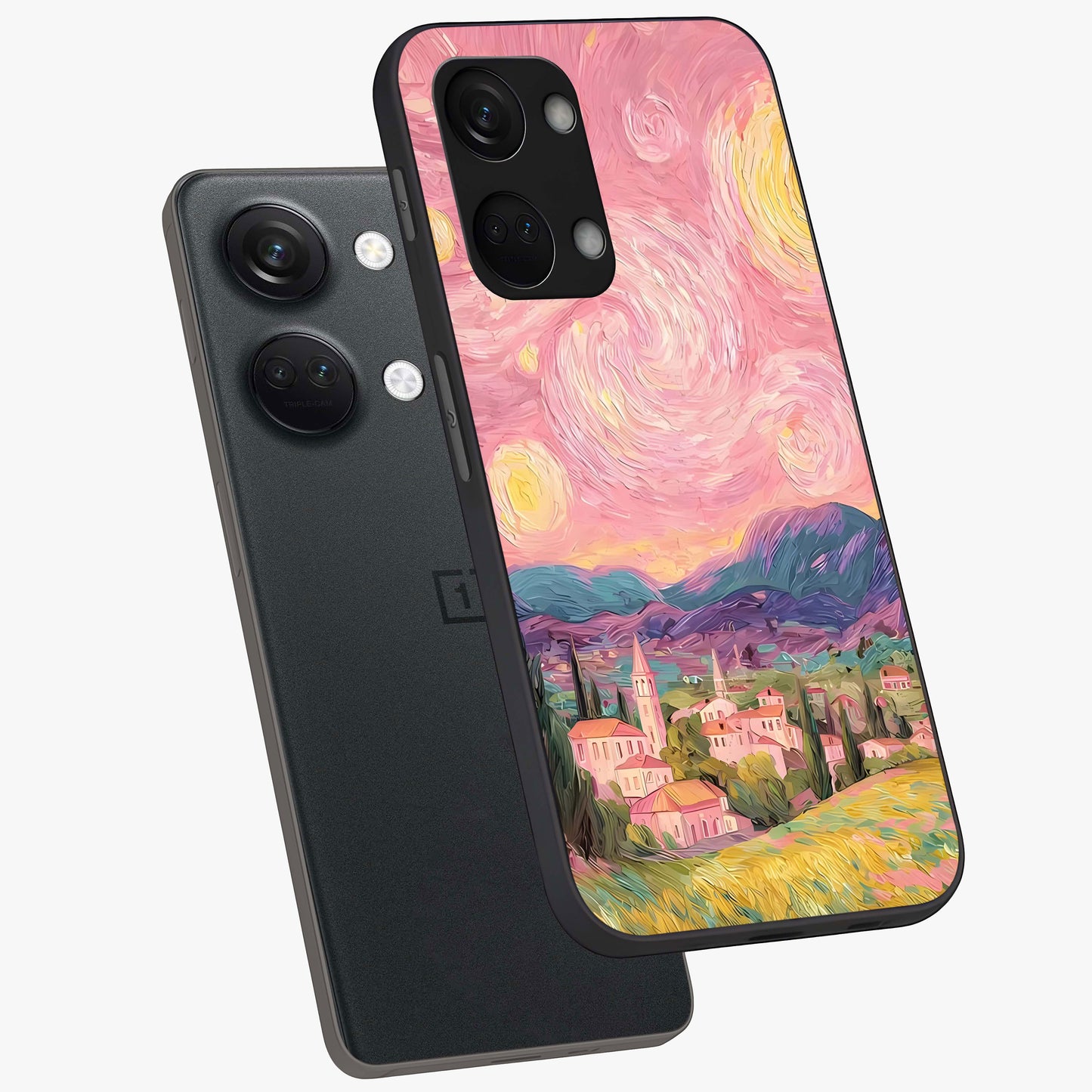 Pastel Starry Village Glass Case for 1+Nord 3 angled mockup showcasing glossy finish and soft celestial tones