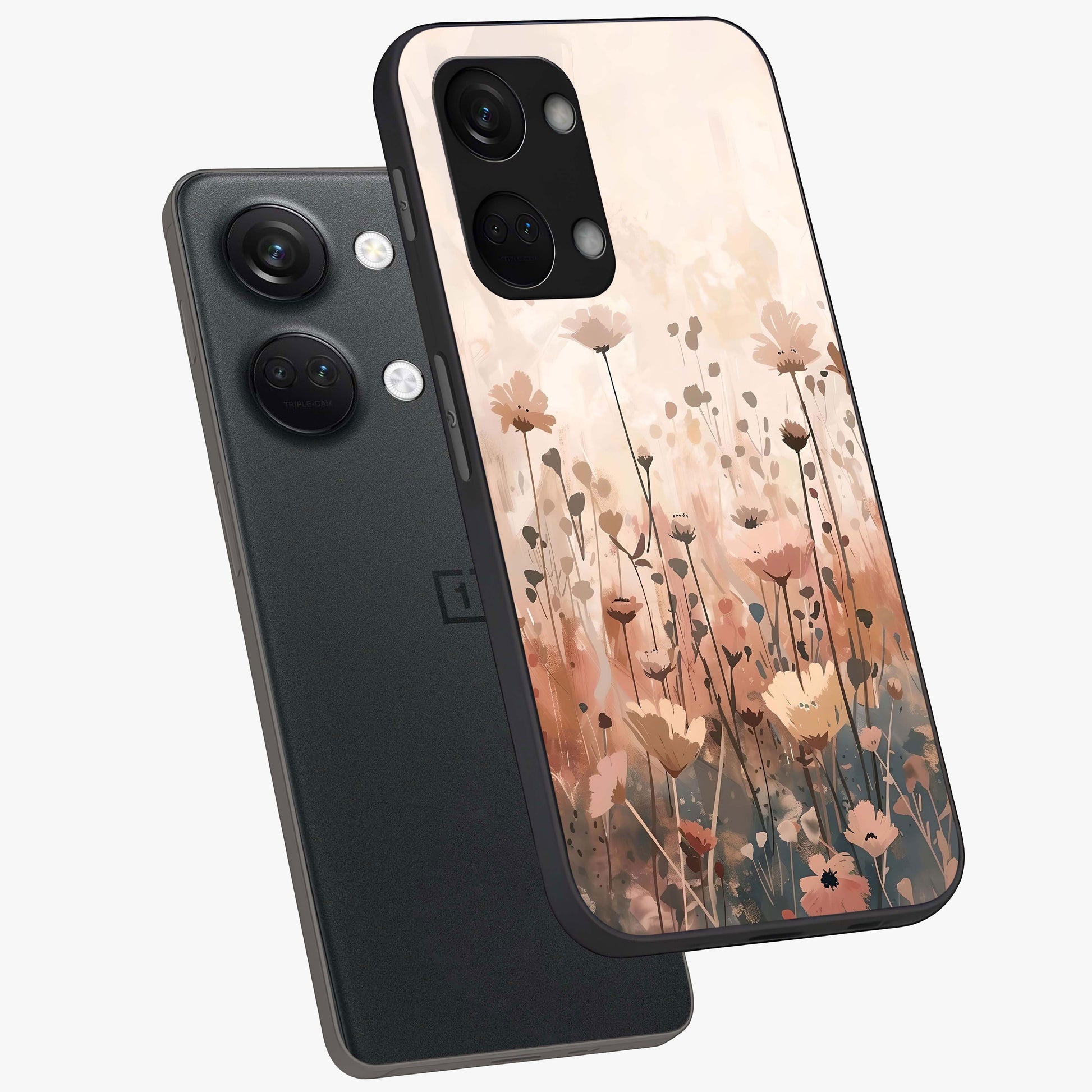 Pastel Wildflowers Glass Case for 1+Nord 3 angled mockup showcasing glossy finish and fresh floral detailing