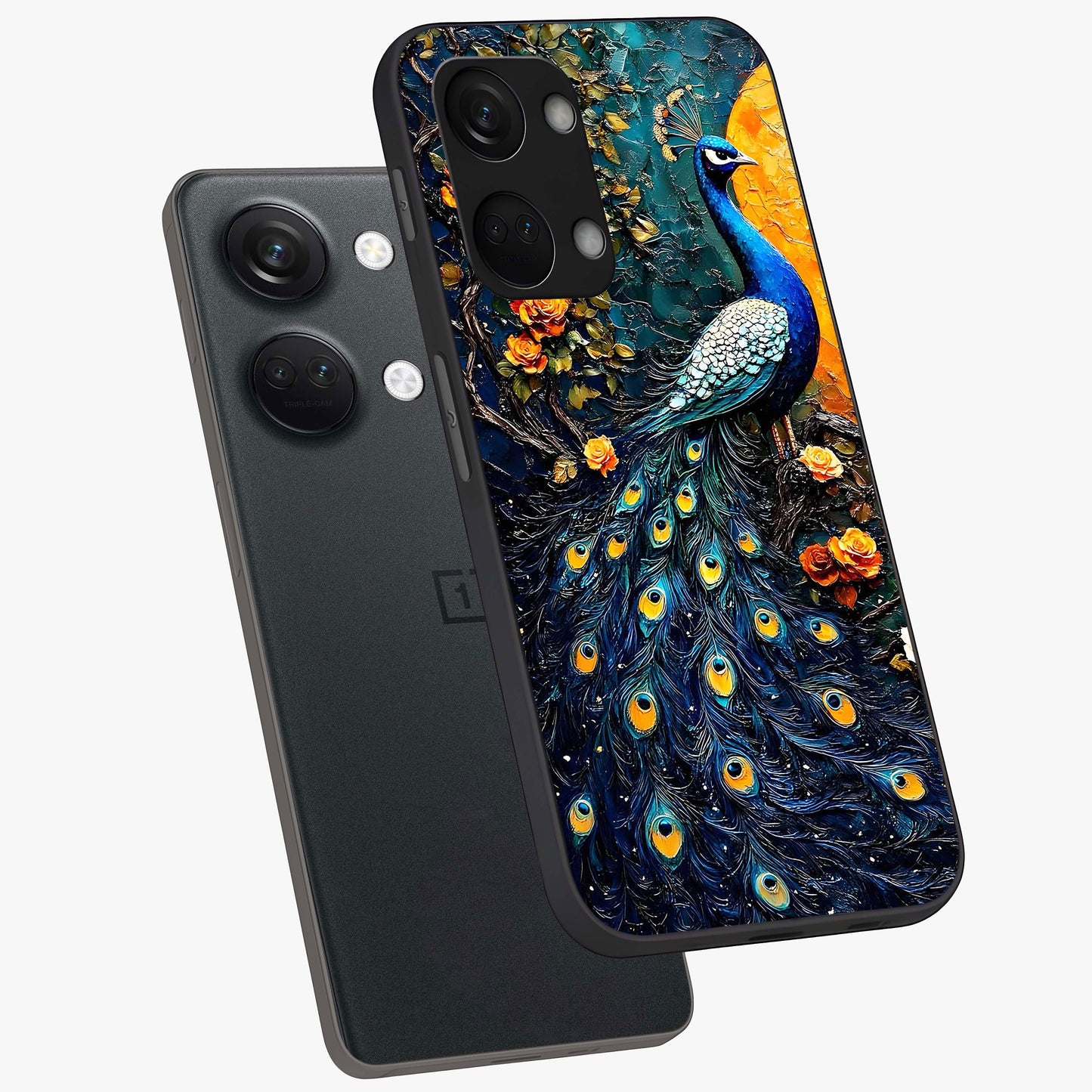 Peacock With Yellow Moon Glass Case for 1+Nord 3 angled mockup showcasing glossy finish and deep night tones