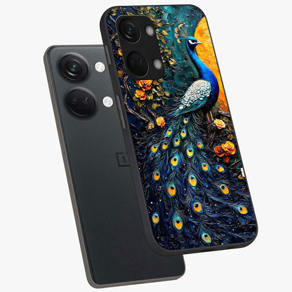 Peacock With Yellow Moon Glass Case for 1+Nord 3 angled mockup showcasing glossy finish and deep night tones
