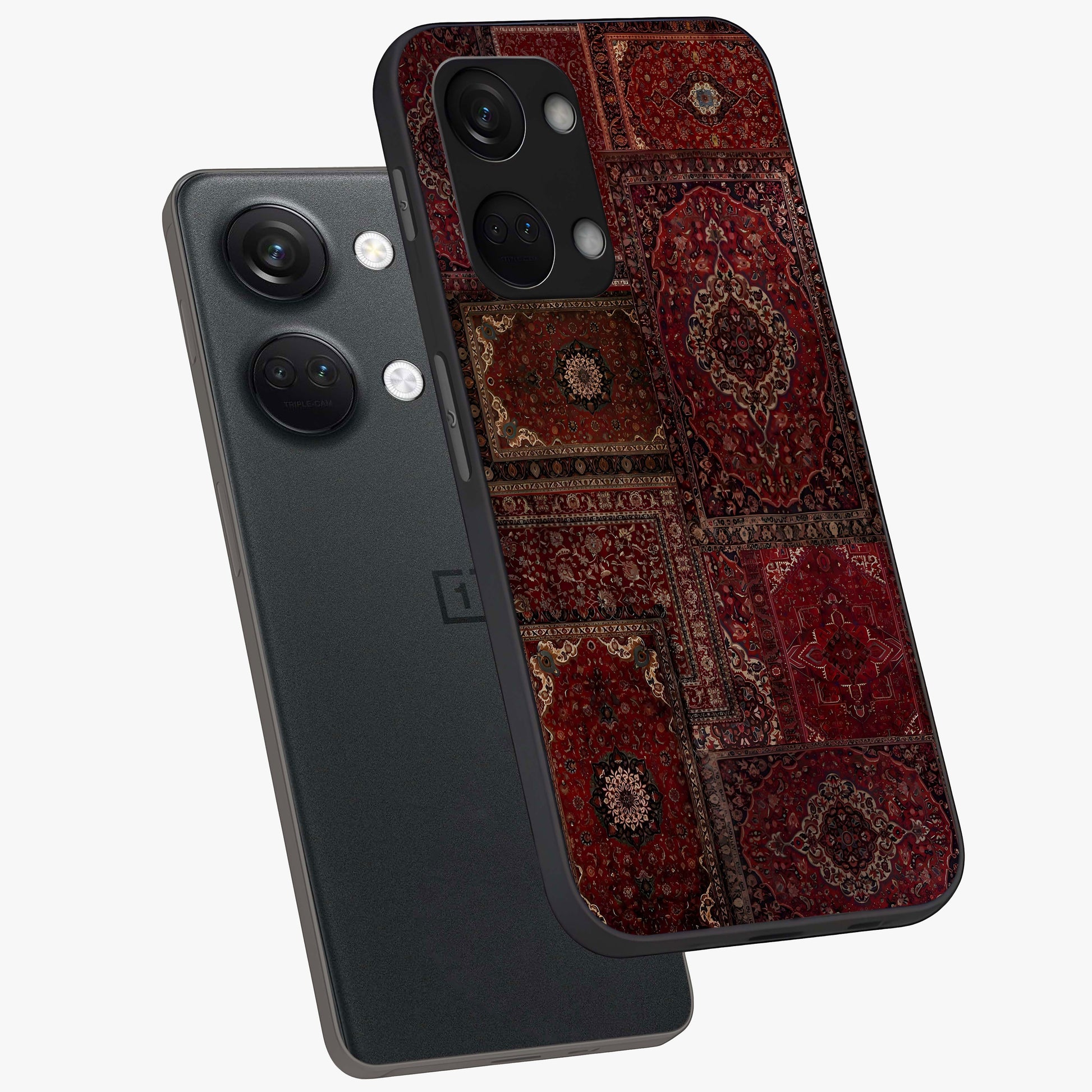 Persian Velvet Tale Glass Case for 1+Nord 3 angled mockup showcasing glossy finish and rich deep tones
