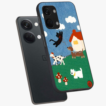 Pet Adventures Glass Case for 1+Nord 3 angled mockup showcasing glossy finish and vibrant cartoon tones