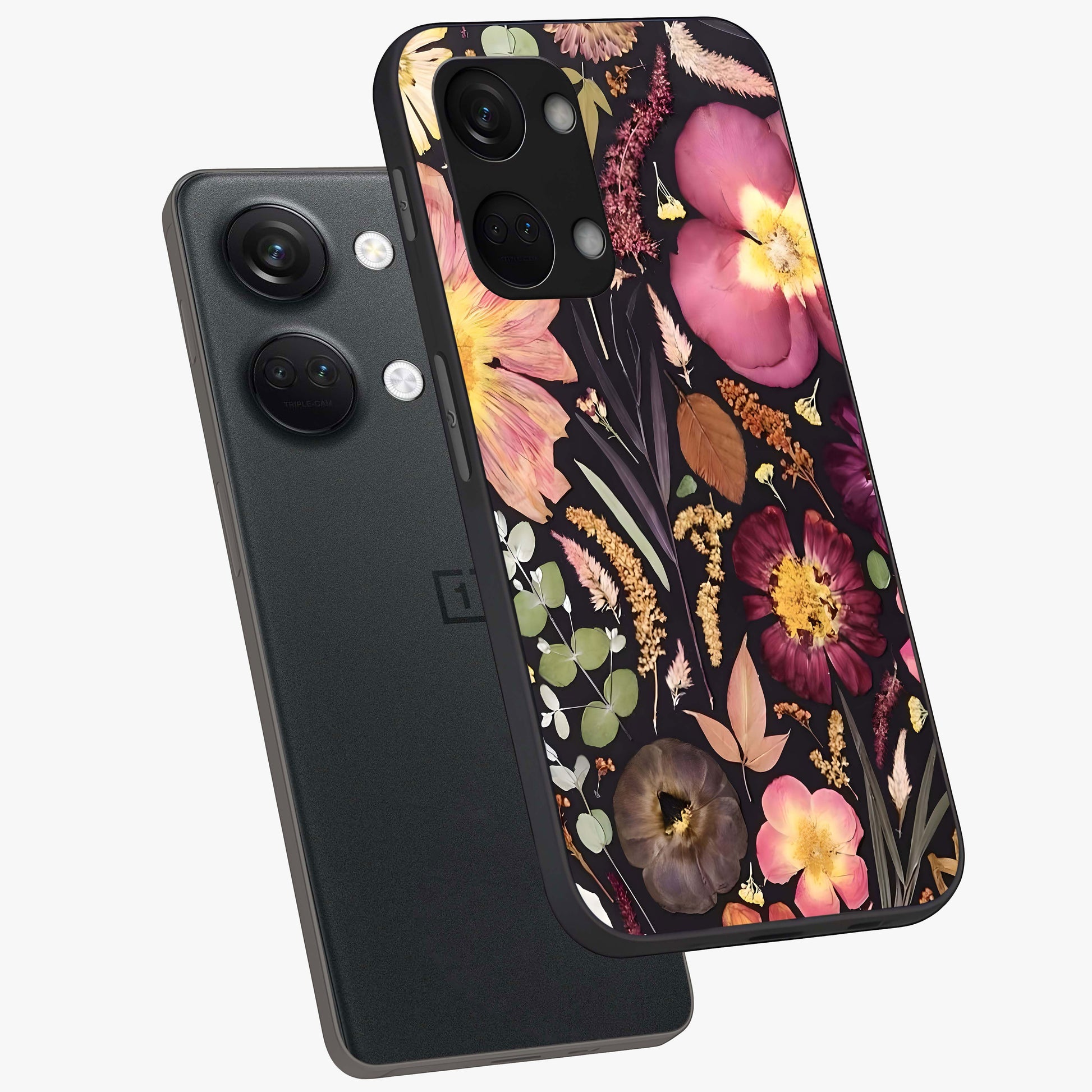 Petal Dream Tapestry Glass Case for 1+Nord 3 angled mockup showcasing glossy finish and rich bloom detailing