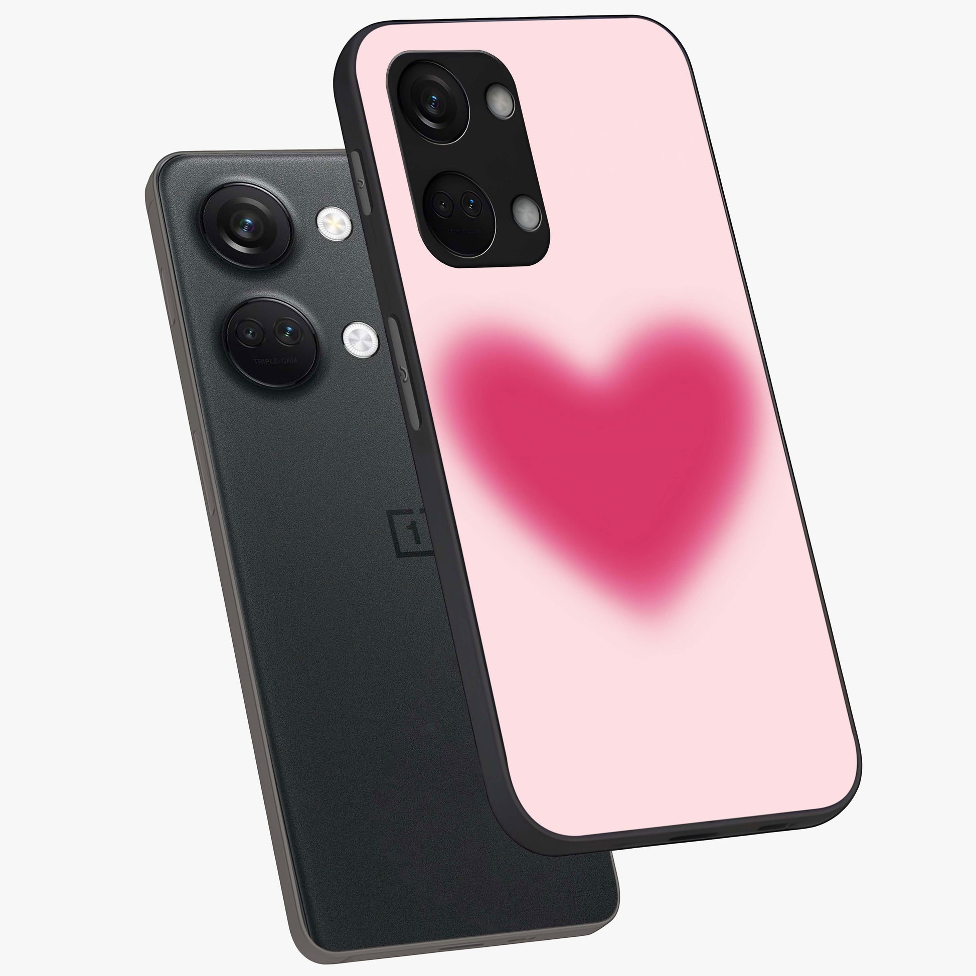 Pink Aura Heart Glass Case for 1+Nord 3 angled mockup showcasing glossy glass finish and radiant aura detailing