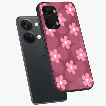 Pink Daisy Flower Pattern Glass Case for 1+Nord 3 angled mockup showcasing glossy finish and playful bloom detailing