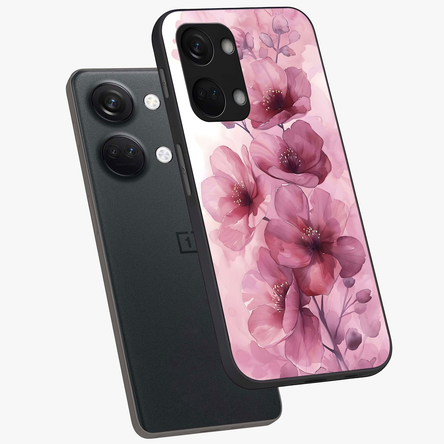 Pink Floral Glass Case for 1+Nord 3 angled mockup showcasing glossy finish and delicate bloom detailing