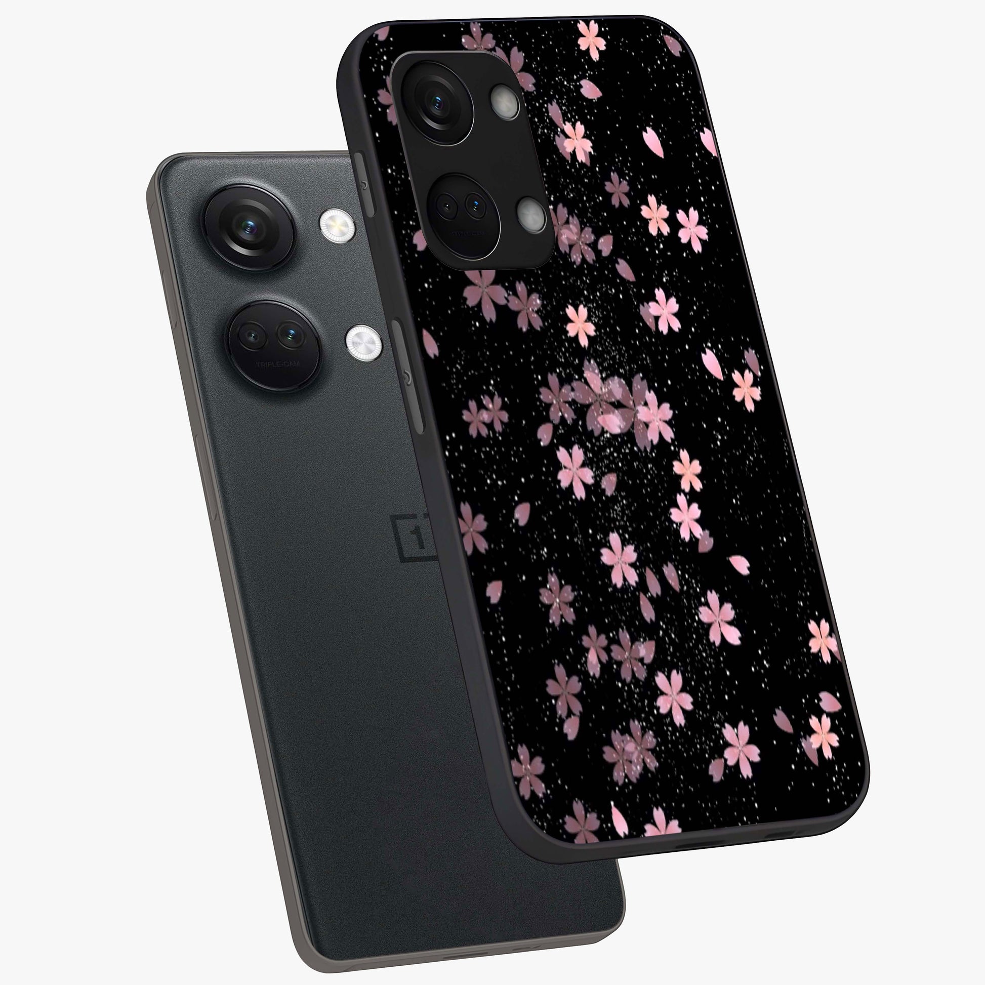 Pink Flower Black Background Glass Case for 1+Nord 3 angled mockup showcasing glossy finish and bold contrast tones