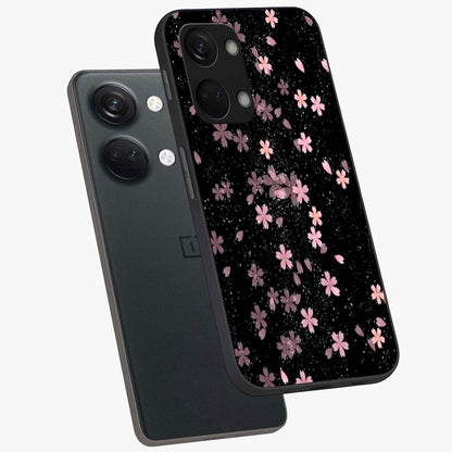 Pink Flower Black Background Glass Case for 1+Nord 3 angled mockup showcasing glossy finish and bold contrast tones