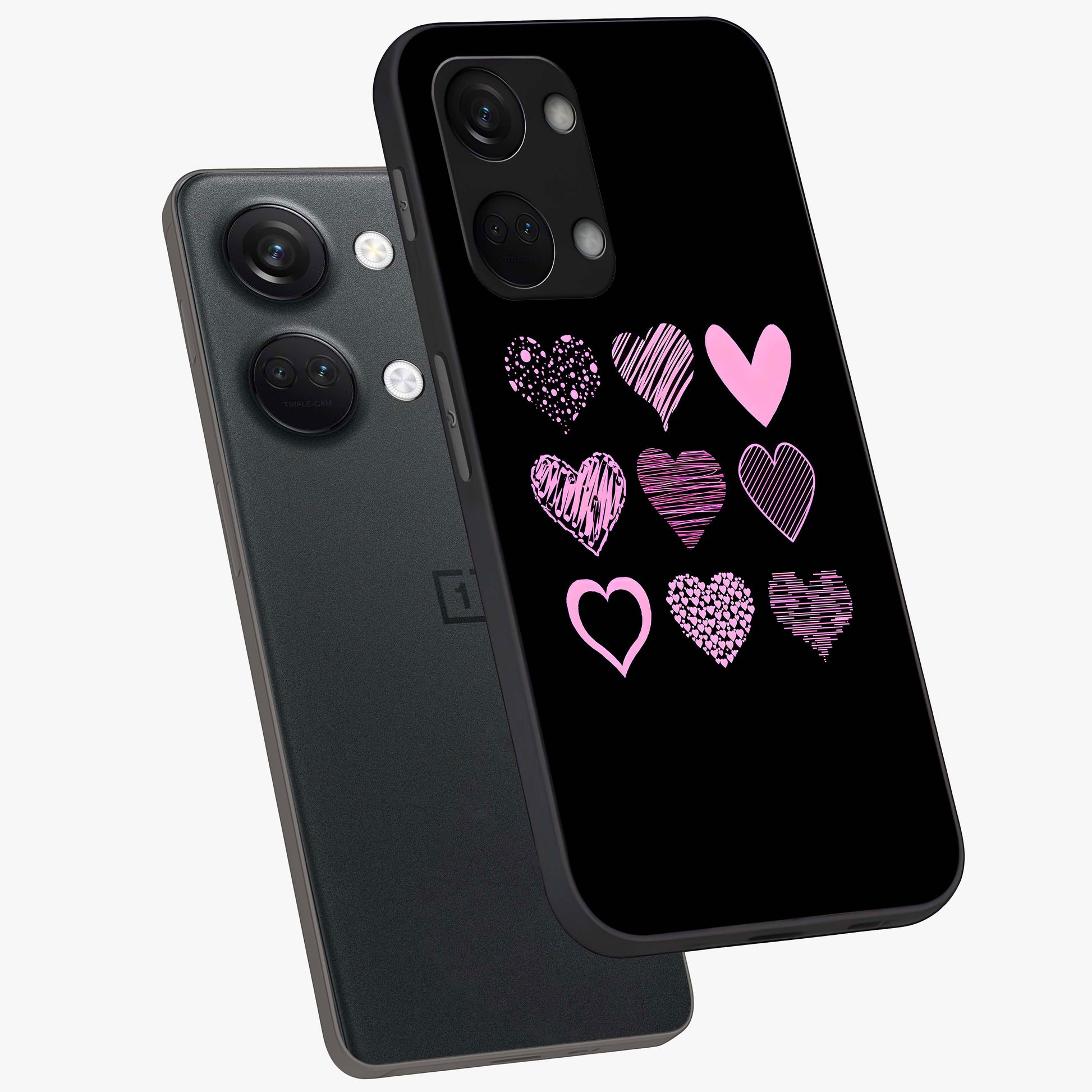 Pink Heart Aesthetic Glass Case for 1+Nord 3 angled mockup showcasing glossy finish and pastel romantic detailing