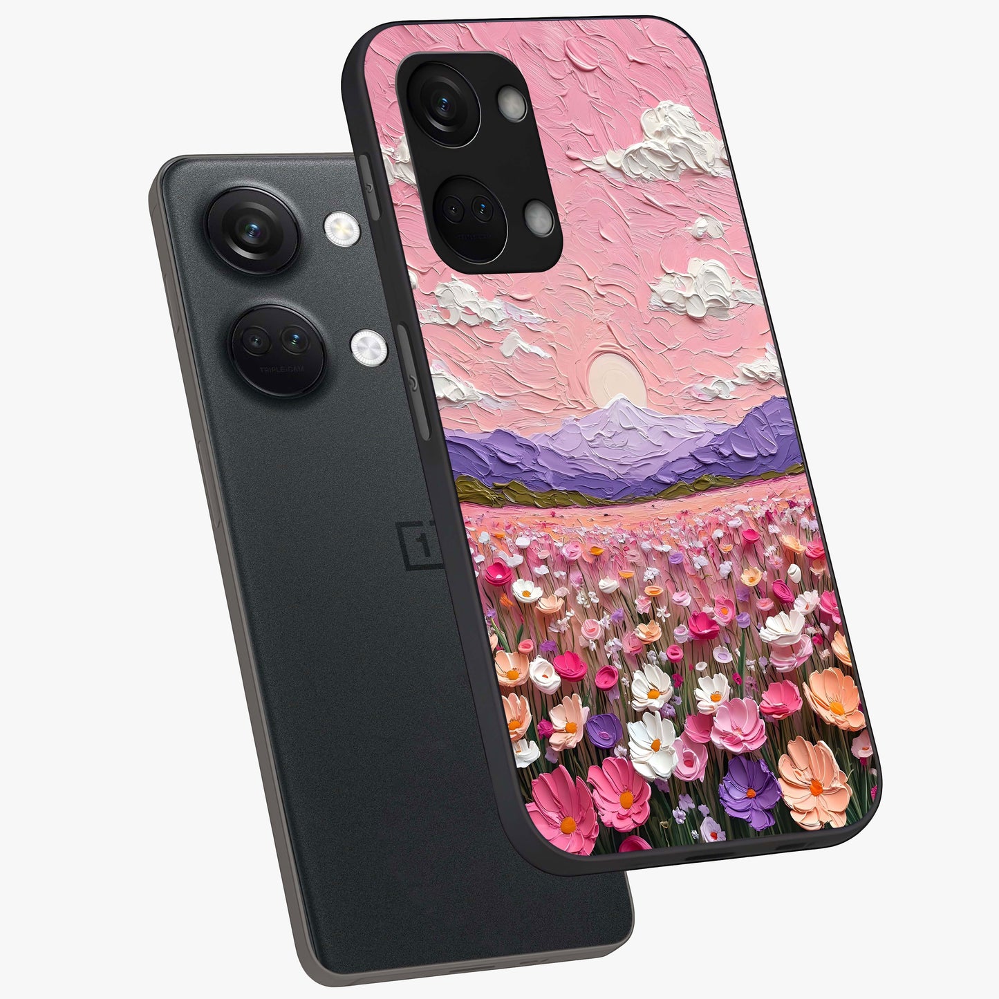 Pink Pastel Groovy Art Glass Case for 1+Nord 3 angled mockup showcasing glossy finish and vibrant abstract detailing