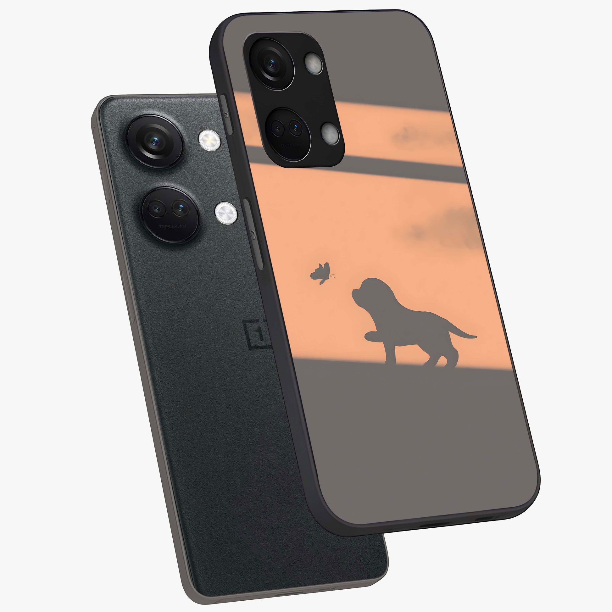 Puppy Shadow Art Glass Case for 1+Nord 3 angled mockup showcasing glossy finish and soft shadow detailing