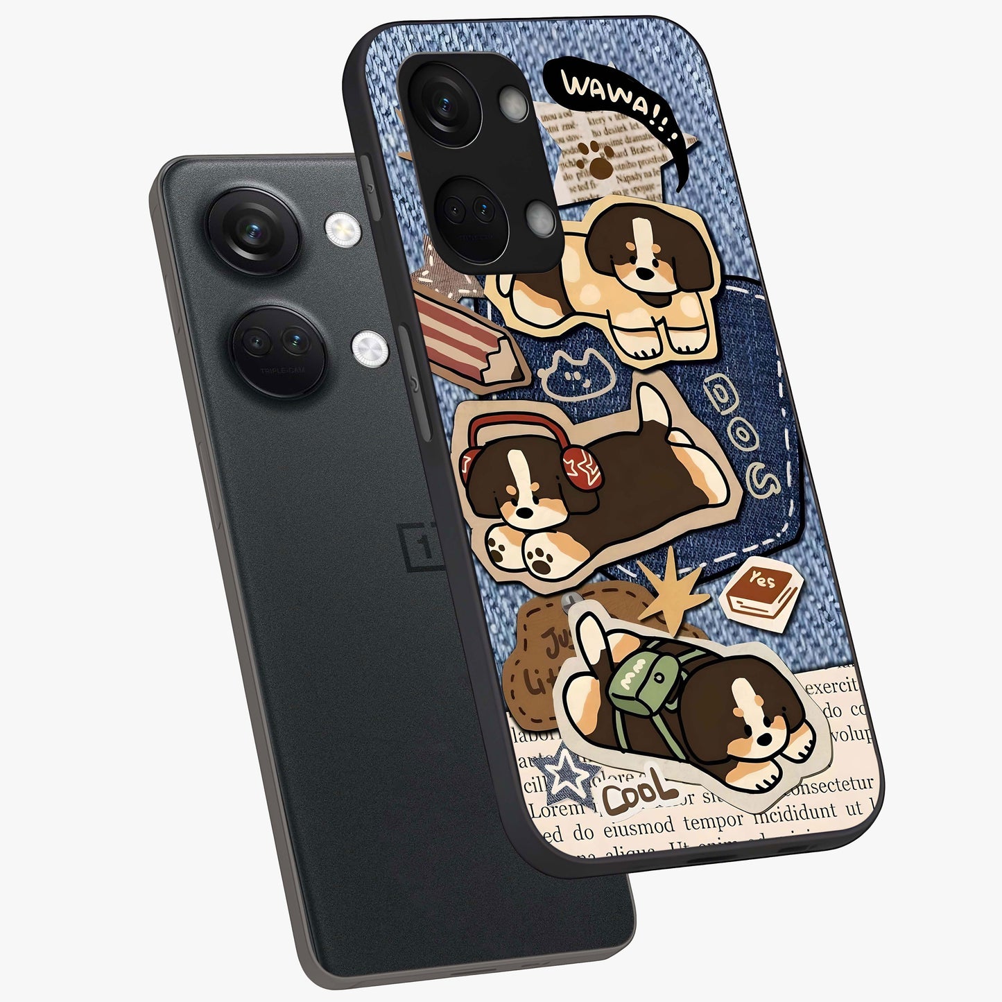 Puppy Sticker Parade Glass Case for 1+Nord 3 angled mockup showcasing glossy finish and colorful cartoon detailing