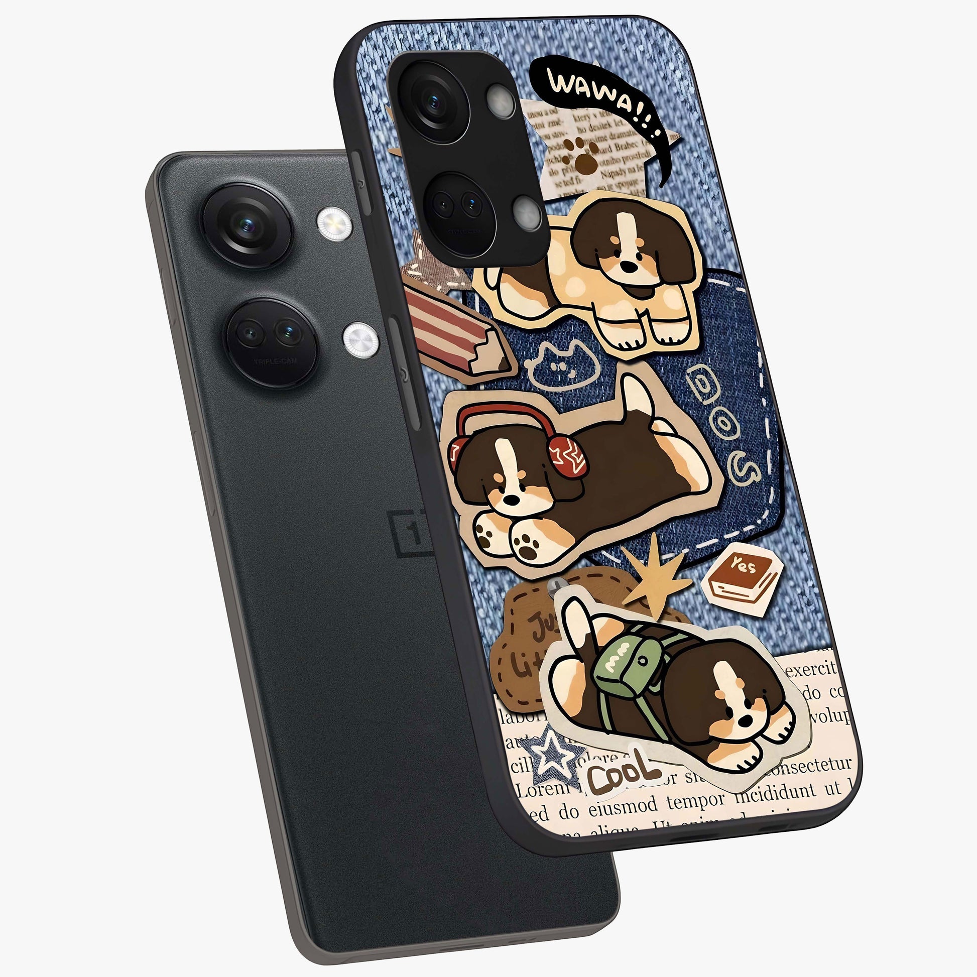 Puppy Sticker Parade Glass Case for 1+Nord 3 angled mockup showcasing glossy finish and colorful cartoon detailing