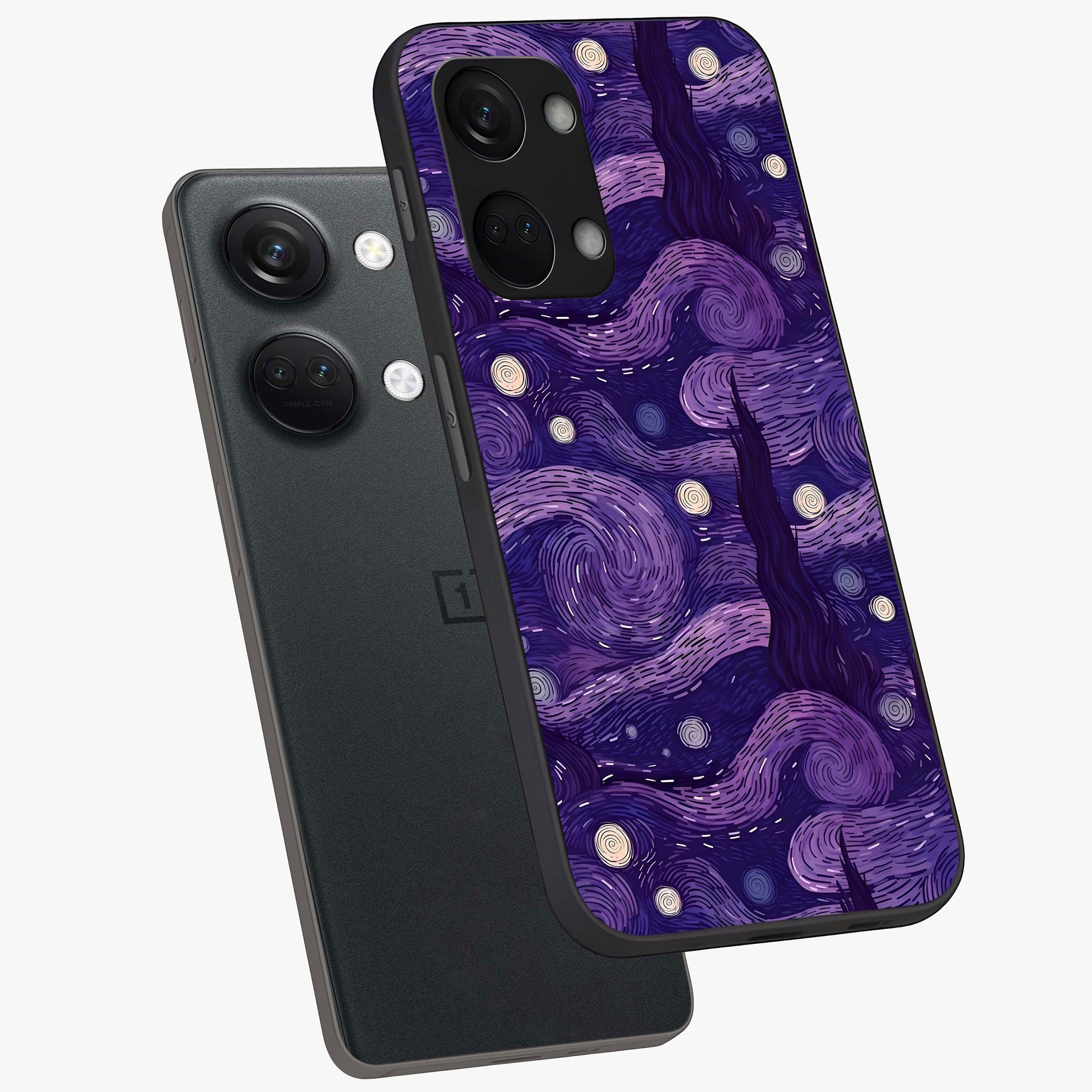 Purple Swirls Glass Case for 1+Nord 3 angled mockup showcasing glossy finish and smooth gradient detailing
