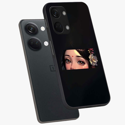 Radha Divine Embrace Glass Case for 1+Nord 3 angled mockup showcasing glossy glass finish and vibrant spiritual tones