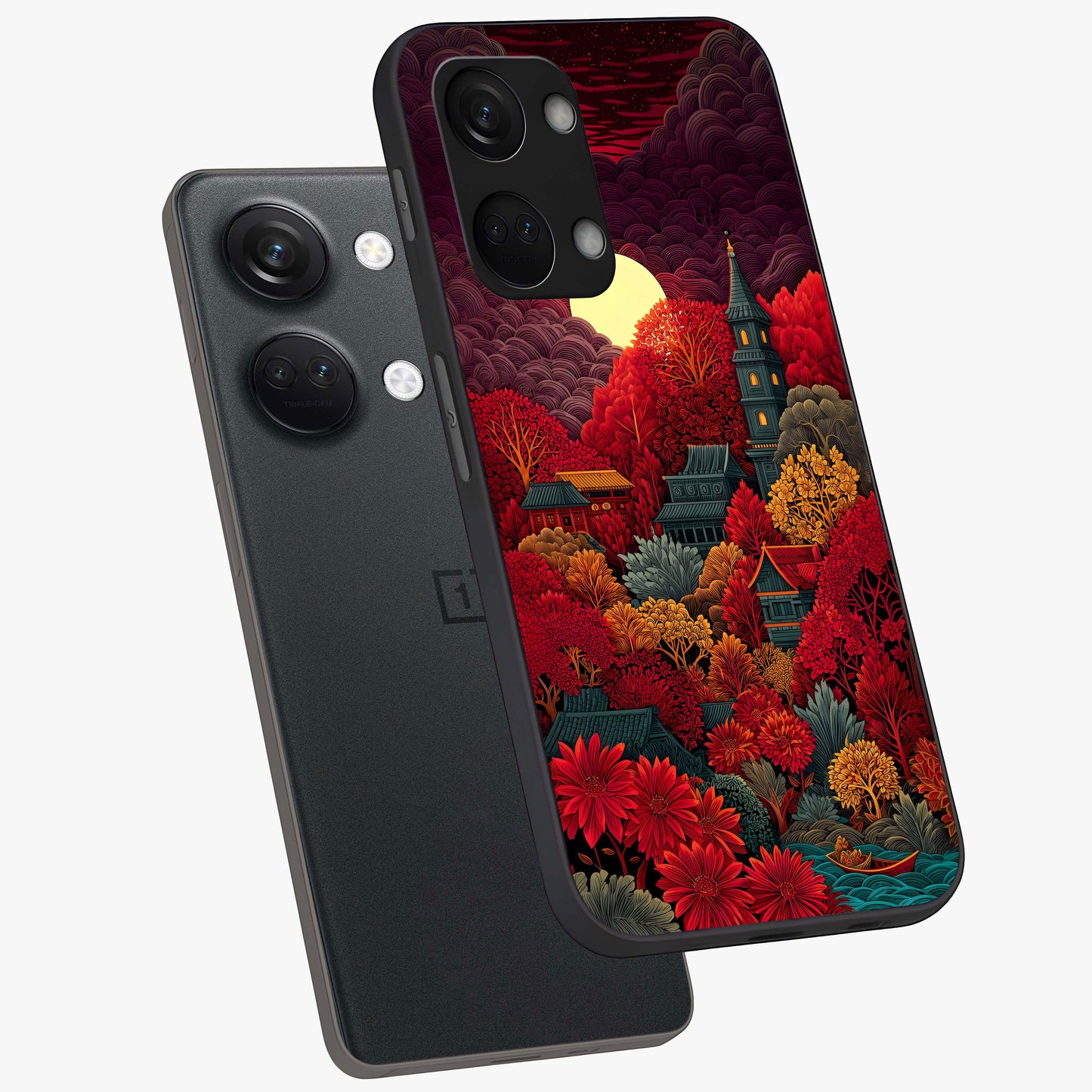 Red Scenery Hot Glass Case for 1+Nord 3 angled mockup showcasing glossy finish and intense sunset tones