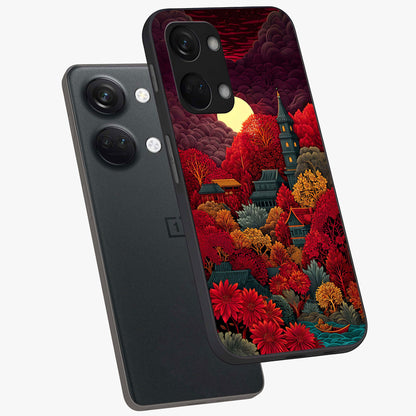 Red Scenery Hot Glass Case for 1+Nord 3 angled mockup showcasing glossy finish and intense sunset tones