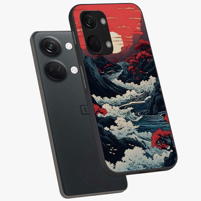 Red Sunset Scenery Glass Case for 1+Nord 3 angled mockup showcasing glossy finish and rich crimson tones