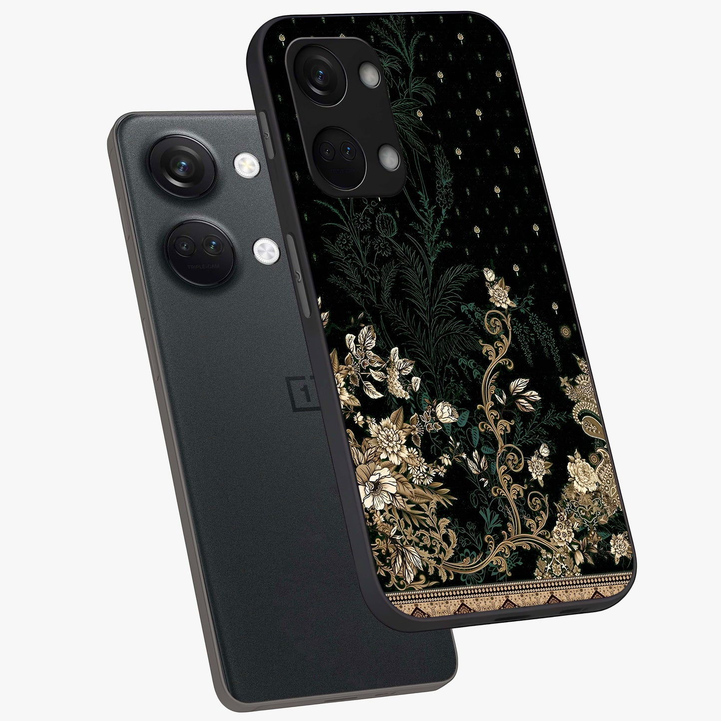 Regal Botanical Tapestry Glass Case for 1+Nord 3 angled mockup showcasing glossy finish and rich heritage tones